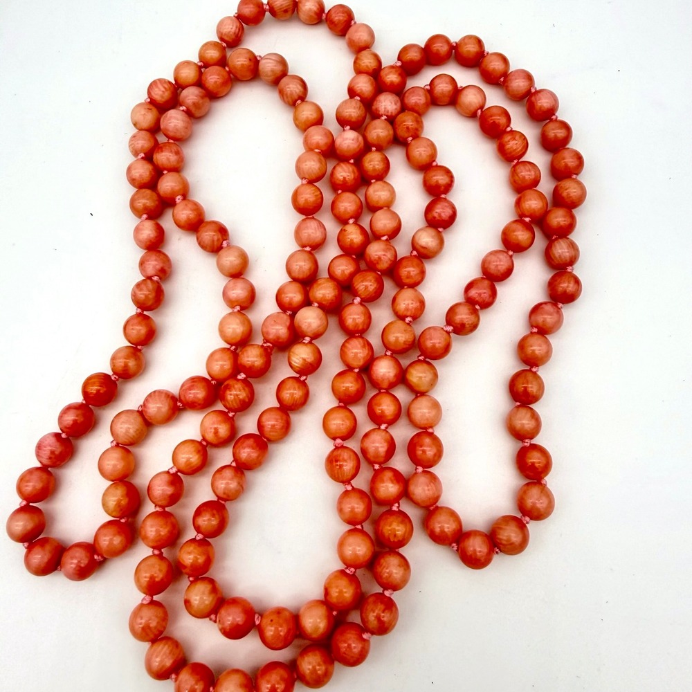Vintage 56" Genuine Angel Skin Coral Necklace Hand Knotted 8.5mm Beads 124g - Picture 1 of 13